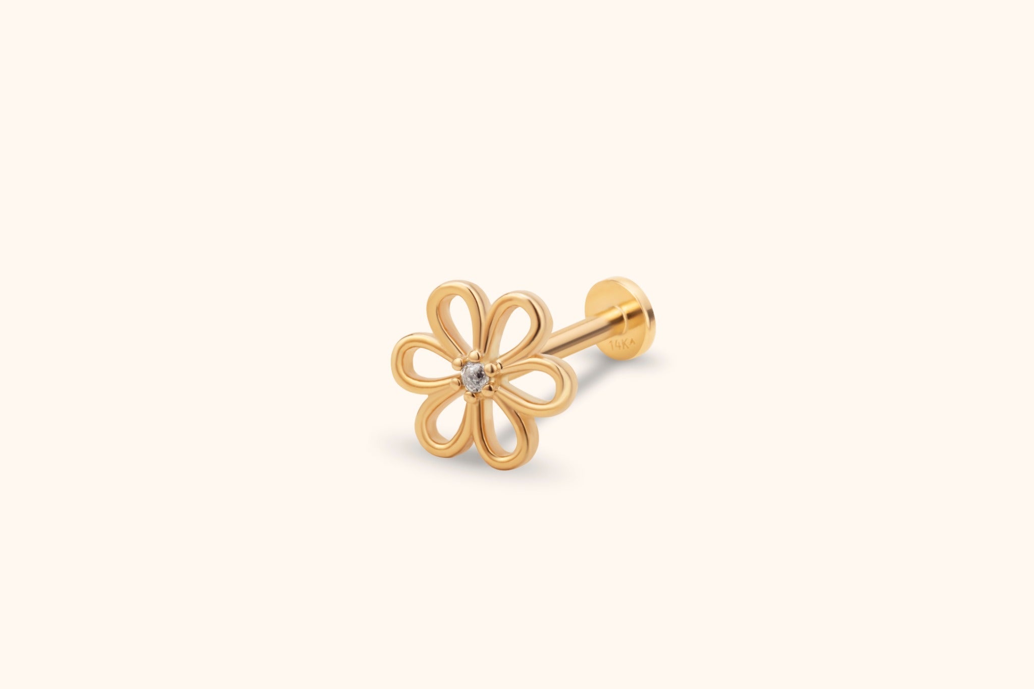 14k gold daisy tragus earring dainty cartilage piercing stud front view