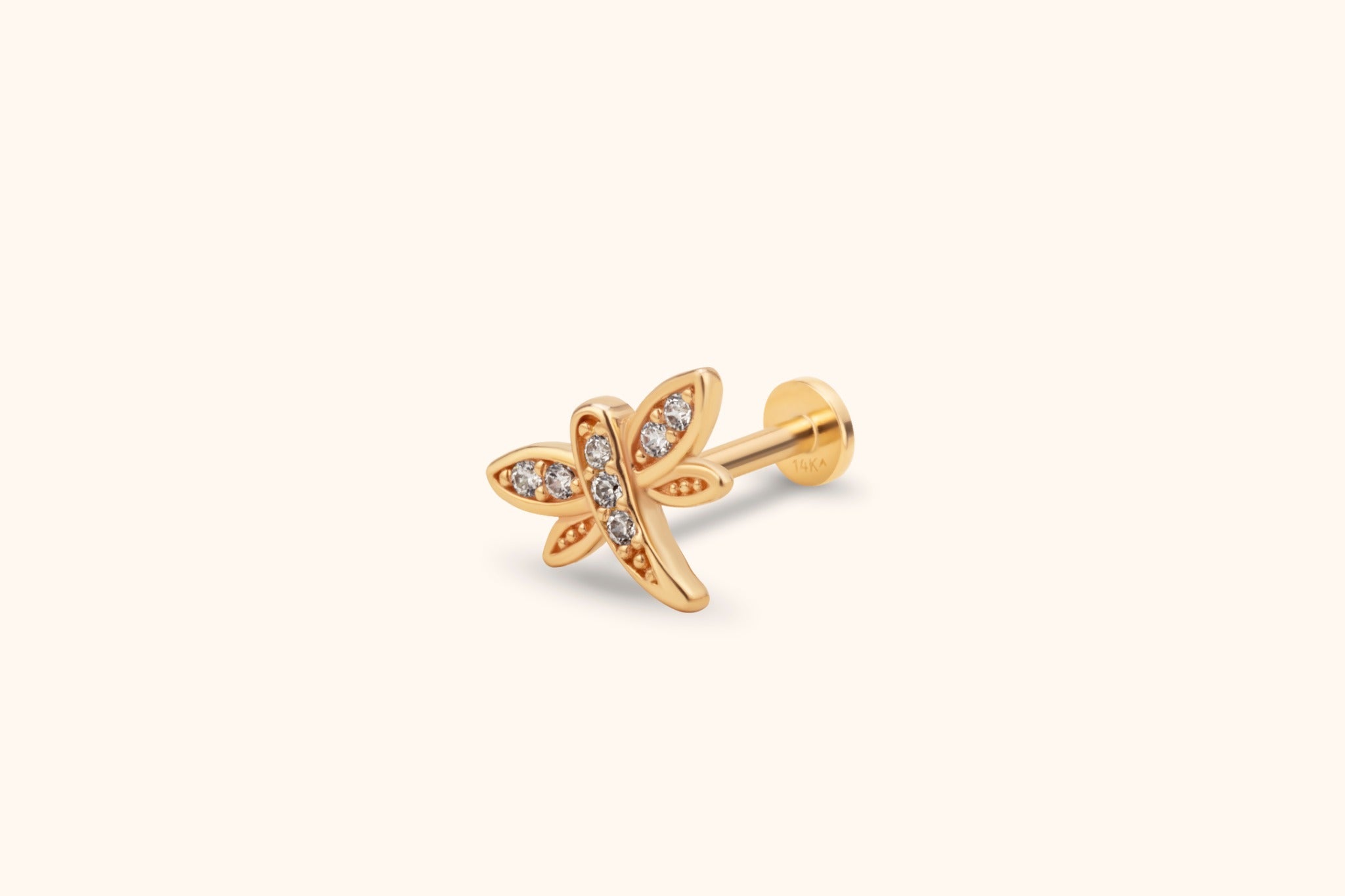 14k gold butterfly tragus earring dainty cartilage piercing jewelry front view