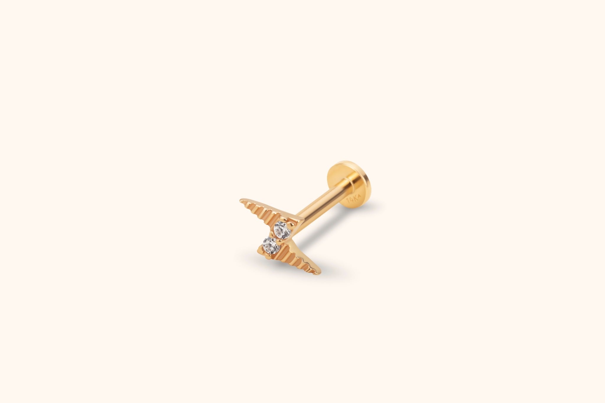 14k gold lightning bolt tragus earring with flat back threadless labret front view