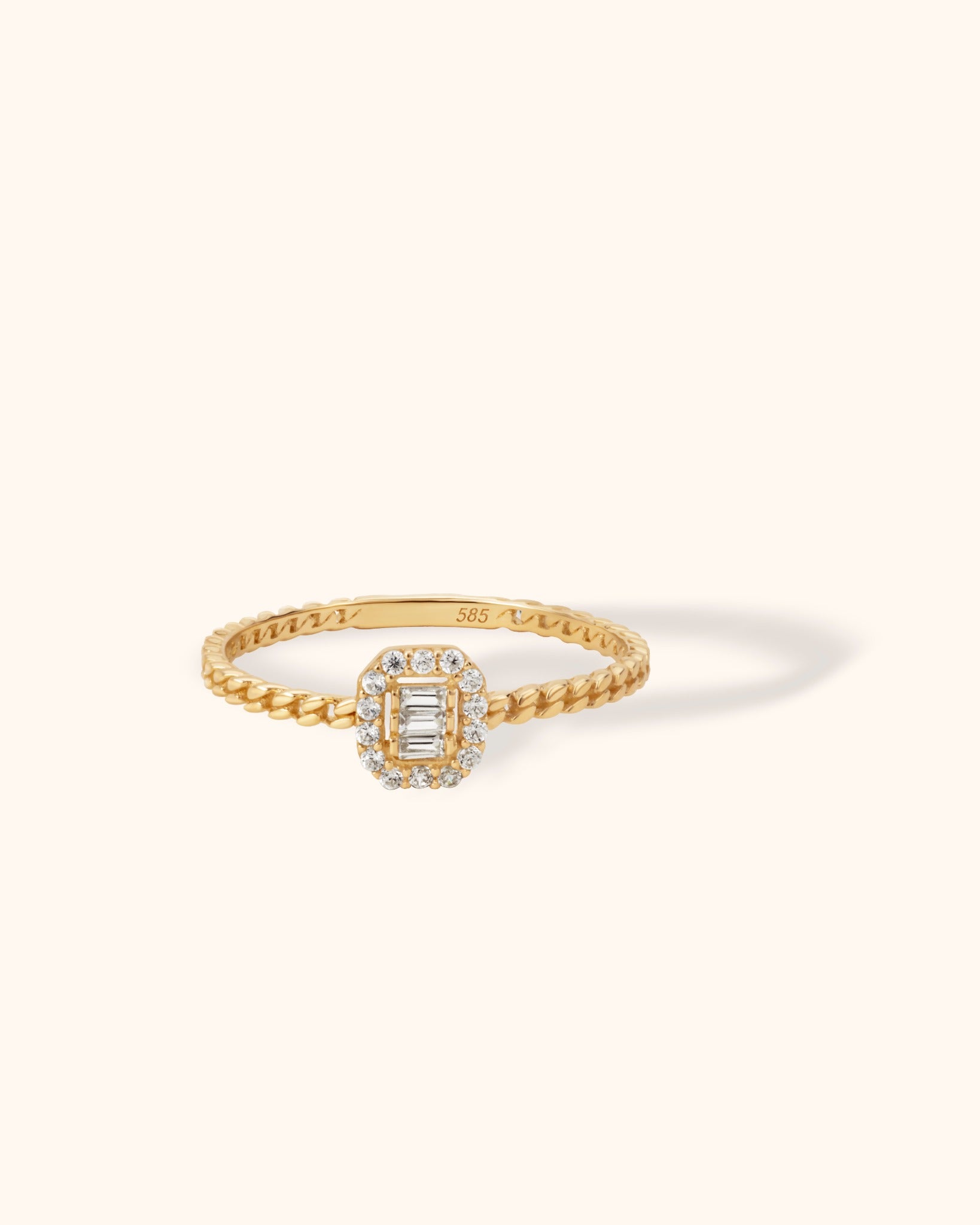 14K gold twisted rope band ring with baguette center stones and pavé halo setting