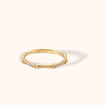 14K gold bamboo-inspired ring with pavé zircon accents, nature-themed elegant stacking band
