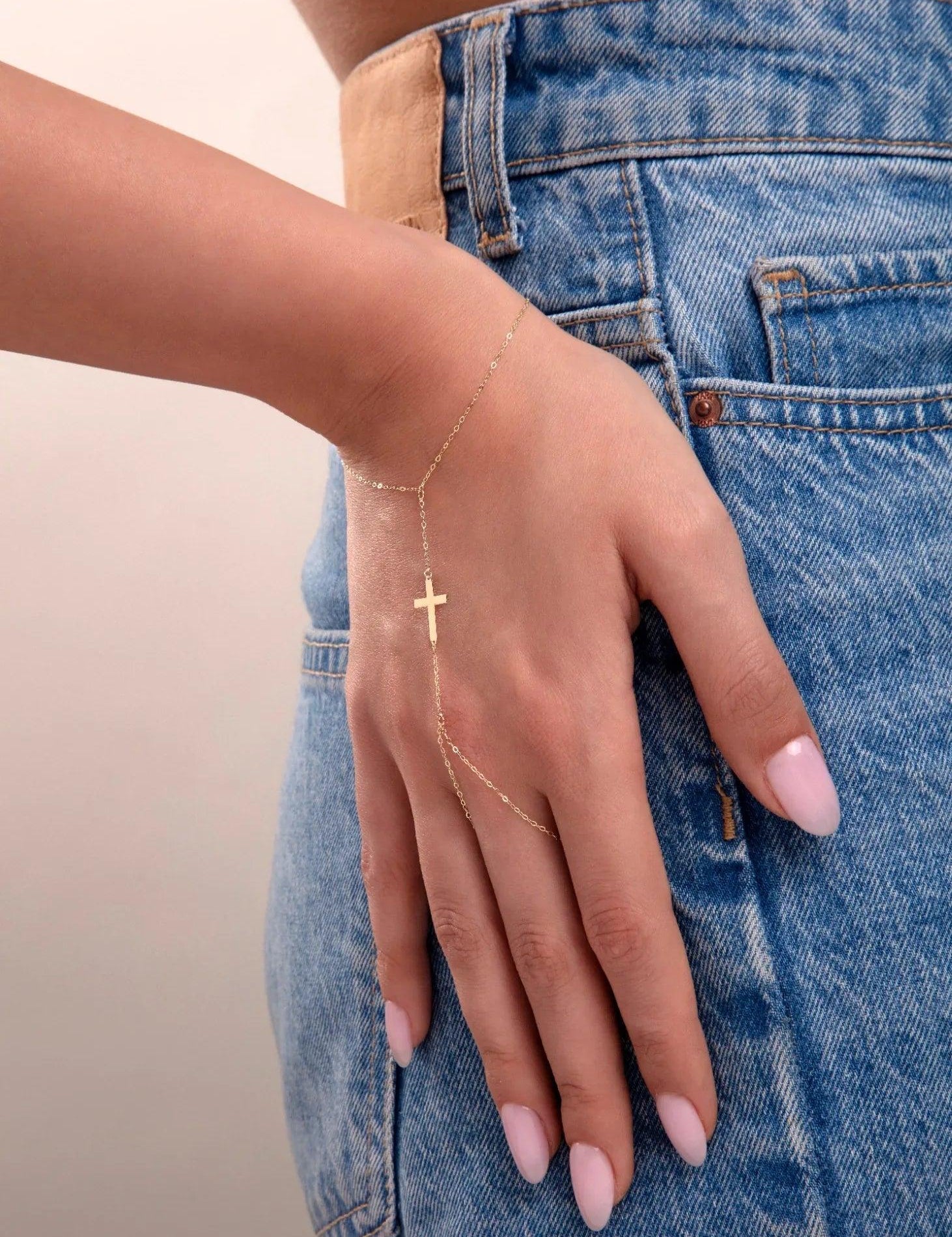 14K Gold Cross Hand Chain Bracelet Rosary Style Faith Jewelry for Women - 9