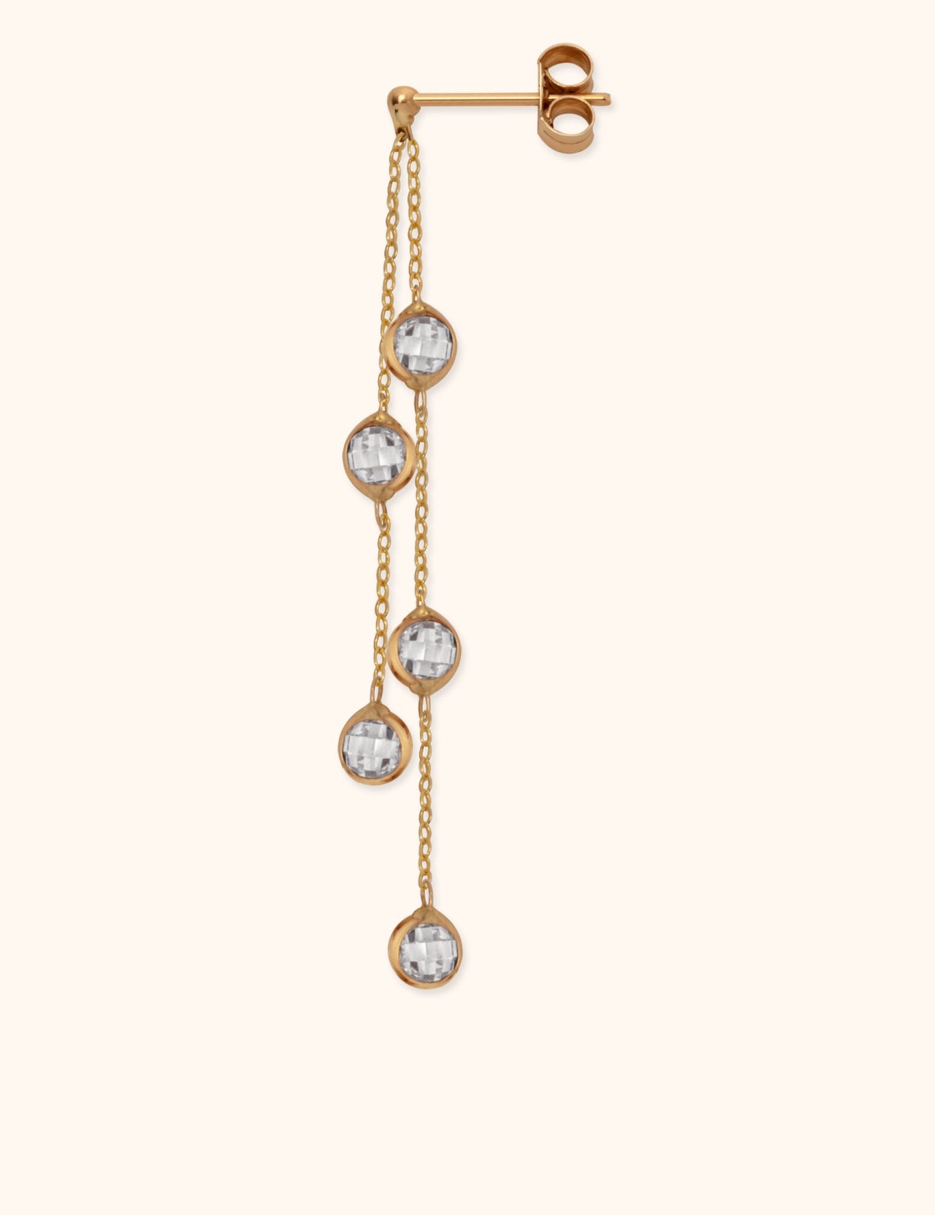 14K gold chain earring with five bezel-set faceted crystals in a drop design