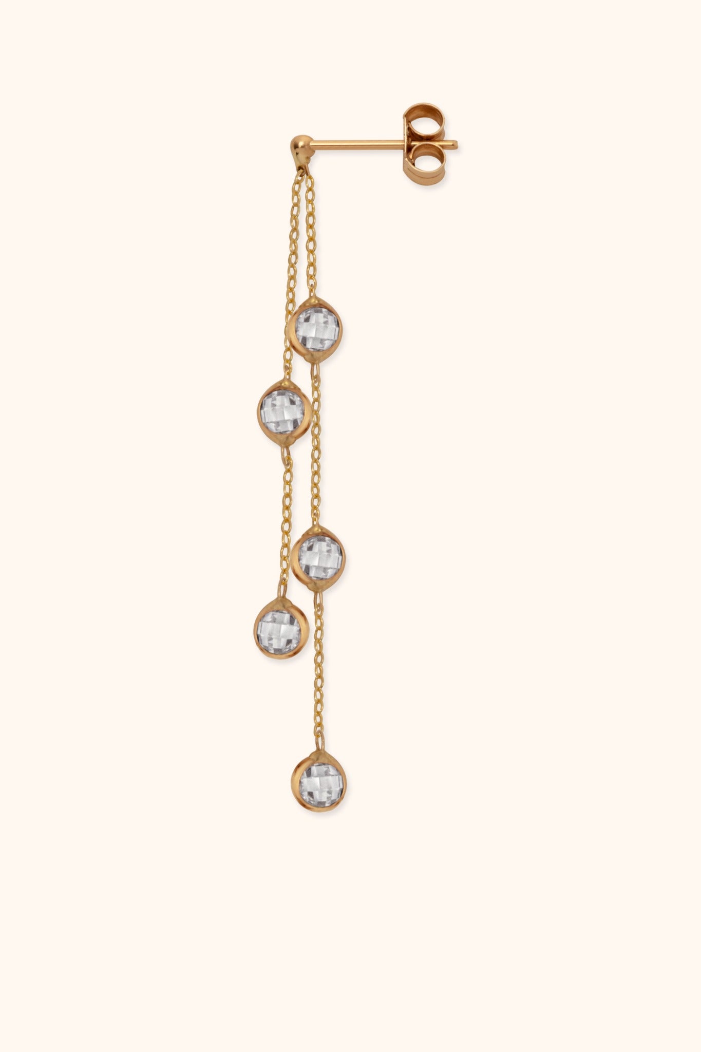 14K gold chain earring with five bezel-set faceted crystals in a drop design