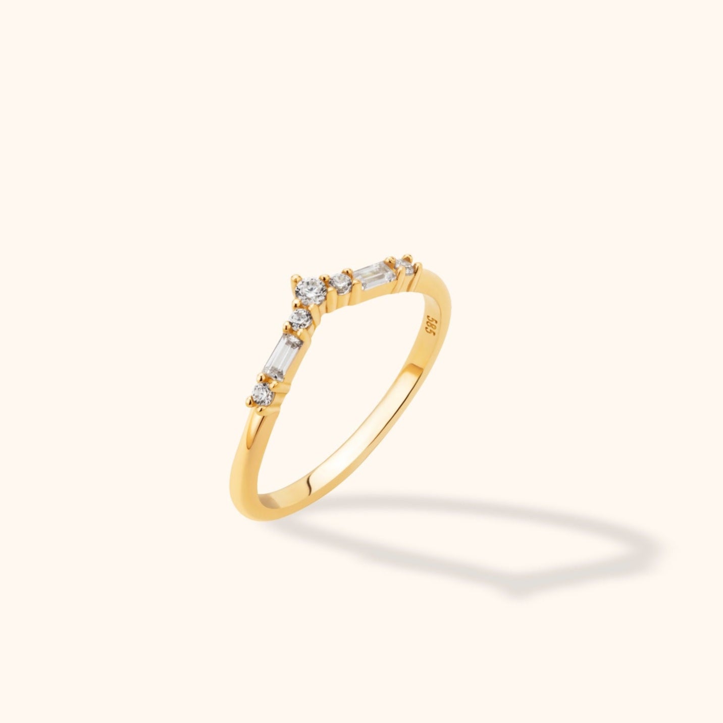 14K yellow gold chevron stacking ring with baguette and round stones – curved wedding band enhancer