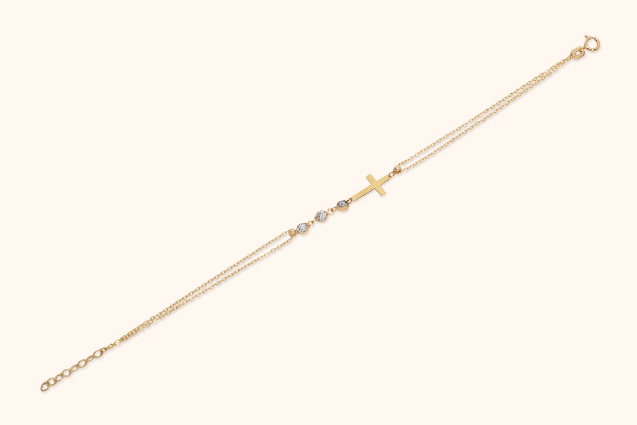 14K Gold Bracelet with Horizontal Cross, Bead Accents, and Dual Chain – Elegant Faith Jewelry
