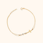 14K Gold Double-Strand Bracelet with Cross Charm and Three Faceted Beads