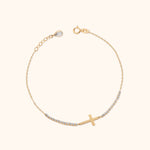 14K Gold Bracelet with Horizontal Cross and Side Sparkling Stones – Faith-Inspired Minimalist Jewelry