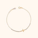 14K Gold Bracelet with Horizontal Cross and Side Sparkling Stones – Faith-Inspired Minimalist Jewelry