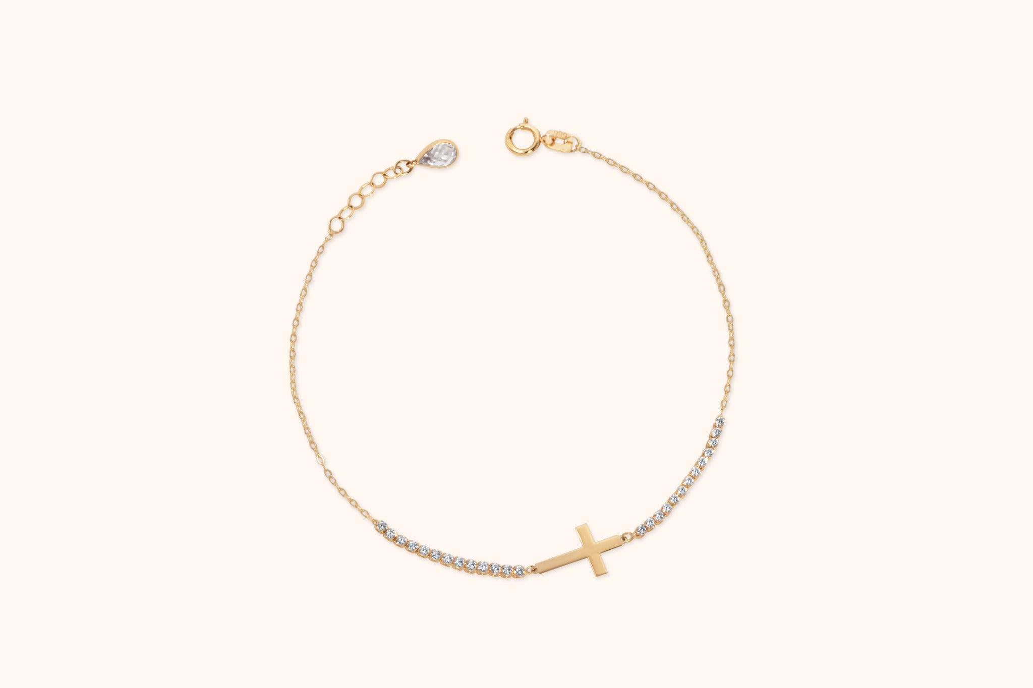 14K Gold Bracelet with Horizontal Cross and Side Sparkling Stones – Faith-Inspired Minimalist Jewelry