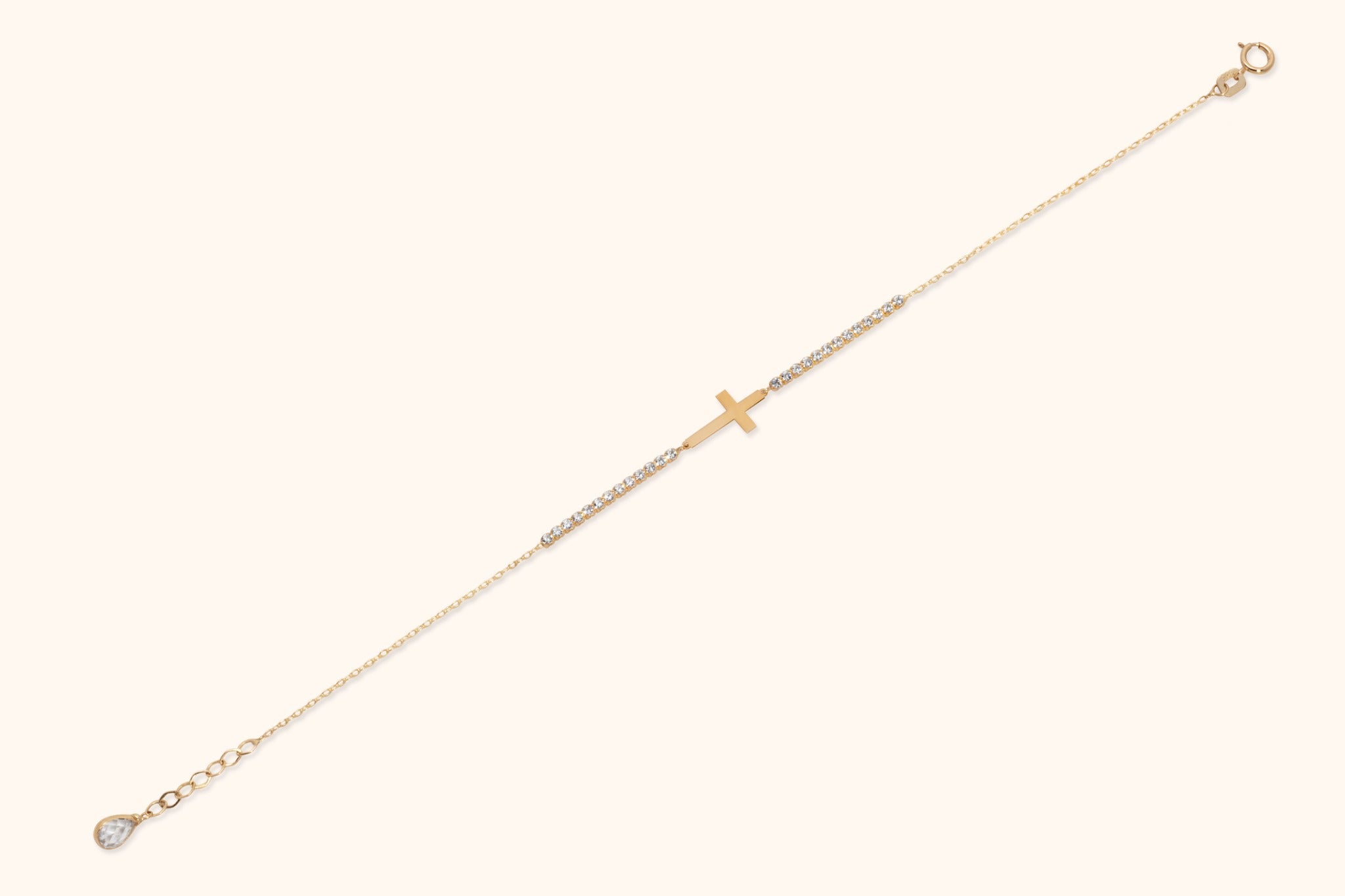 14K Gold Bracelet with Horizontal Cross and Sparkling Stone Accents – Minimalist Spiritual Jewelry