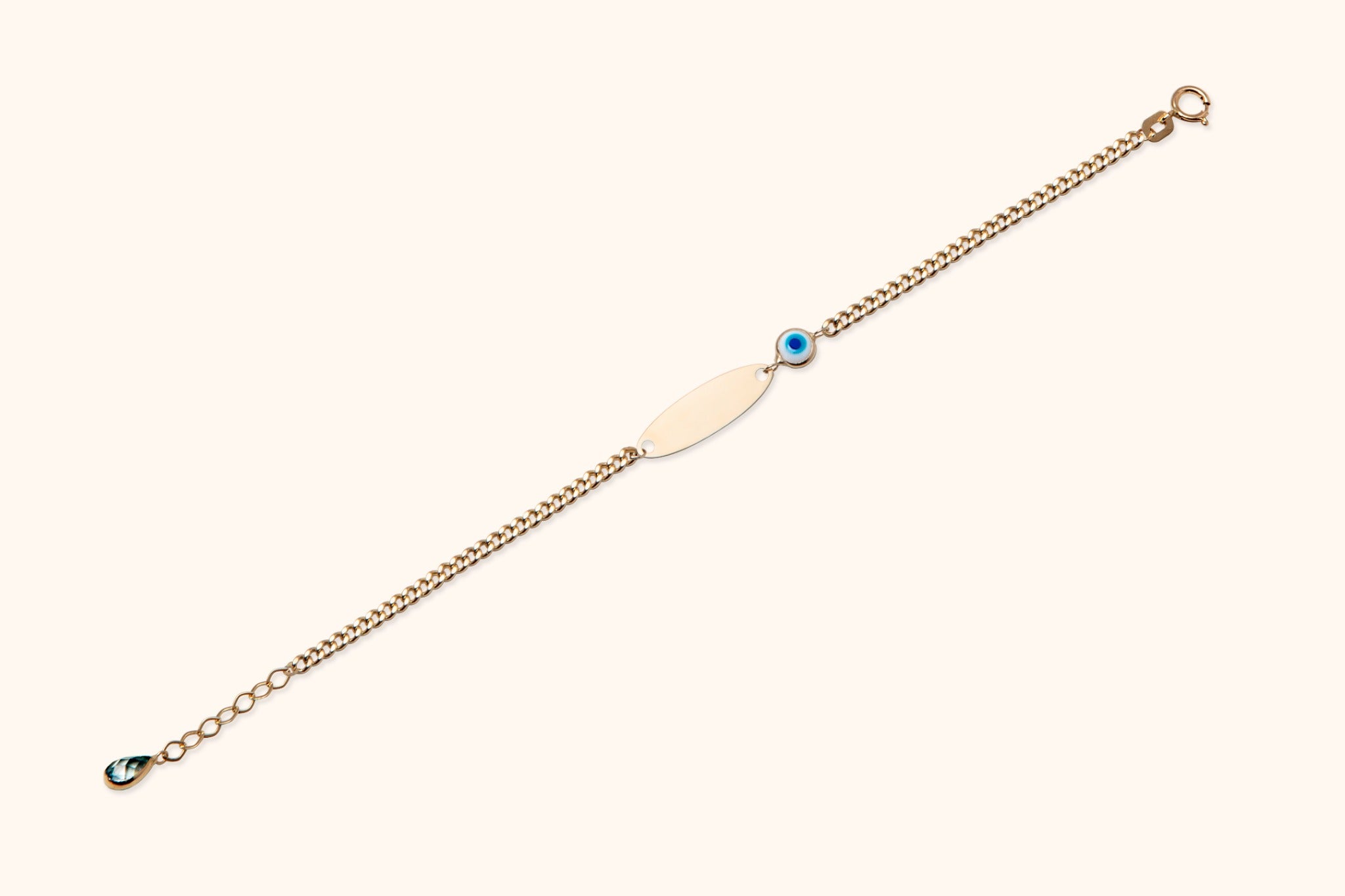14K gold bracelet with blue evil eye, engravable plate, and teardrop charm