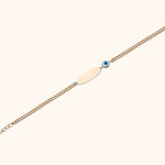 14K gold bracelet with blue evil eye, engravable plate, and teardrop charm