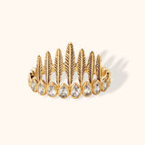 14K gold feather crown ring with teardrop zirconia stones, bohemian vintage-style jewelry.