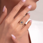 14K Gold Floral Filigree Ring with Blue Sapphire – Vintage Statement Cocktail Ring