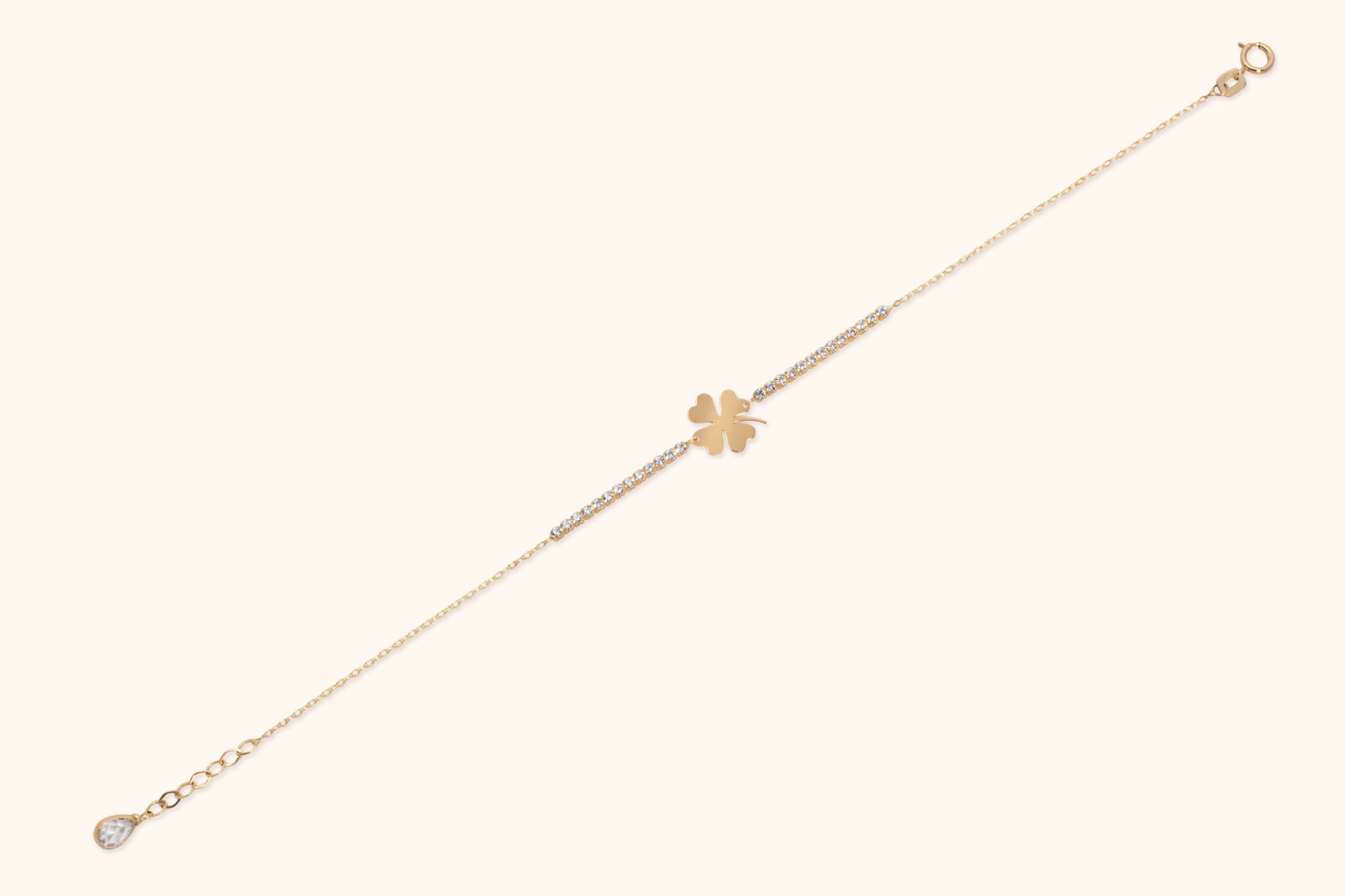 14K Gold Bracelet with Four-Leaf Clover Charm and Sparkling Stone Accents – Lucky Elegant Jewelry