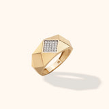 14K gold unisex ring with faceted geometric design and pavé diamond square center