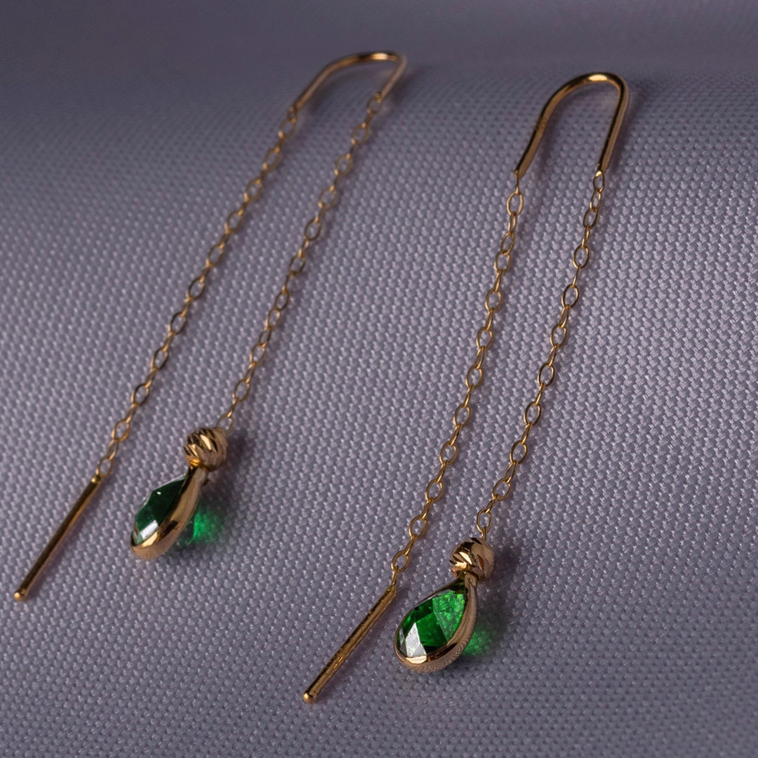 14K gold threader earrings with green teardrop gemstone drops on fine chain