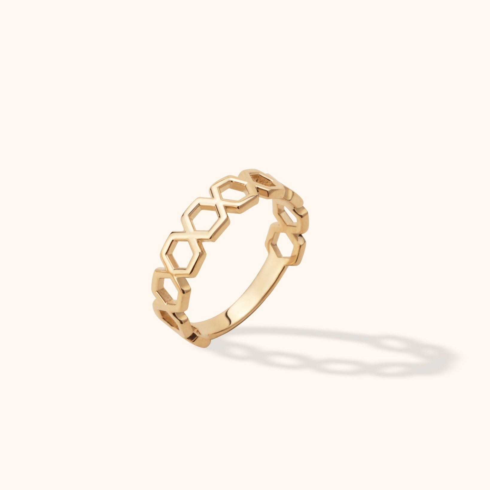 14K Gold Honeycomb Geometric Ring with Hexagon Open Design – Stackable Minimalist Band
