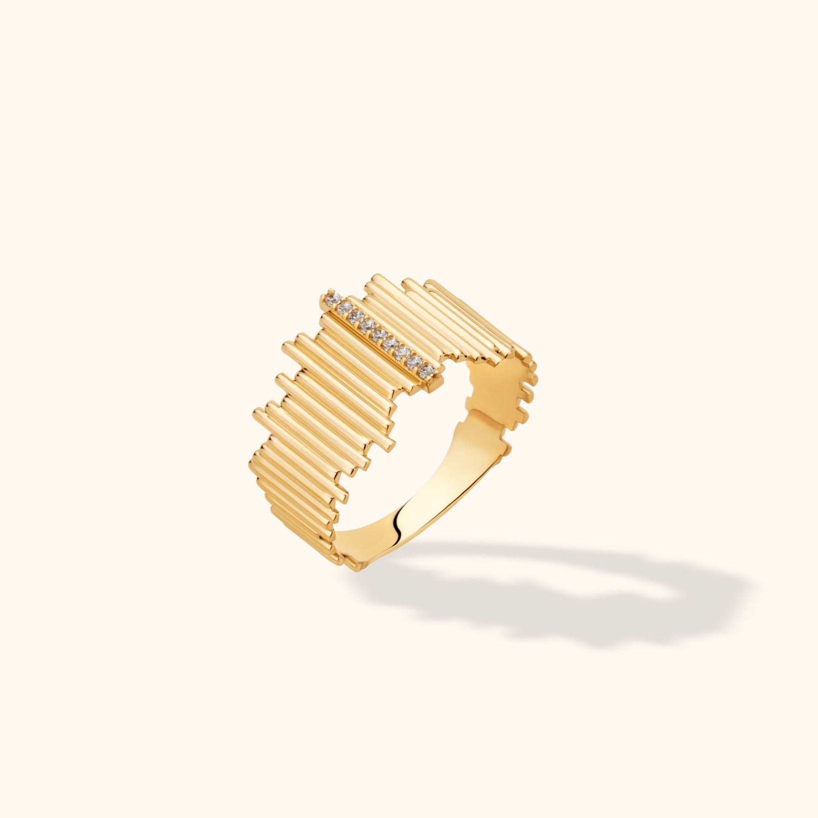 14K yellow gold band with horizontal bar of micro-set clear cubic zirconia, minimalist stackable ring style