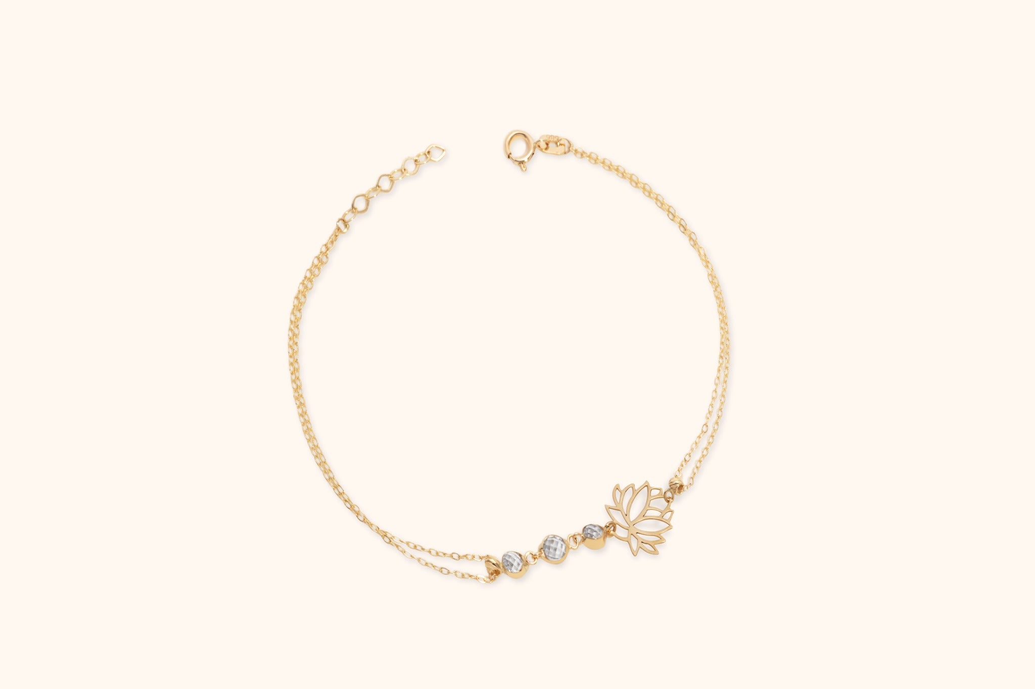 14K Gold Double-Strand Bracelet with Lotus Flower Charm and Faceted Beads