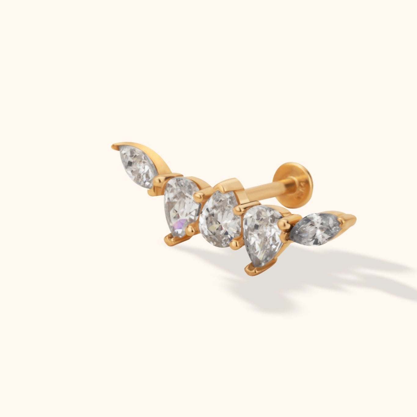 14K gold flat back tragus stud with marquise-cut cluster in curved design