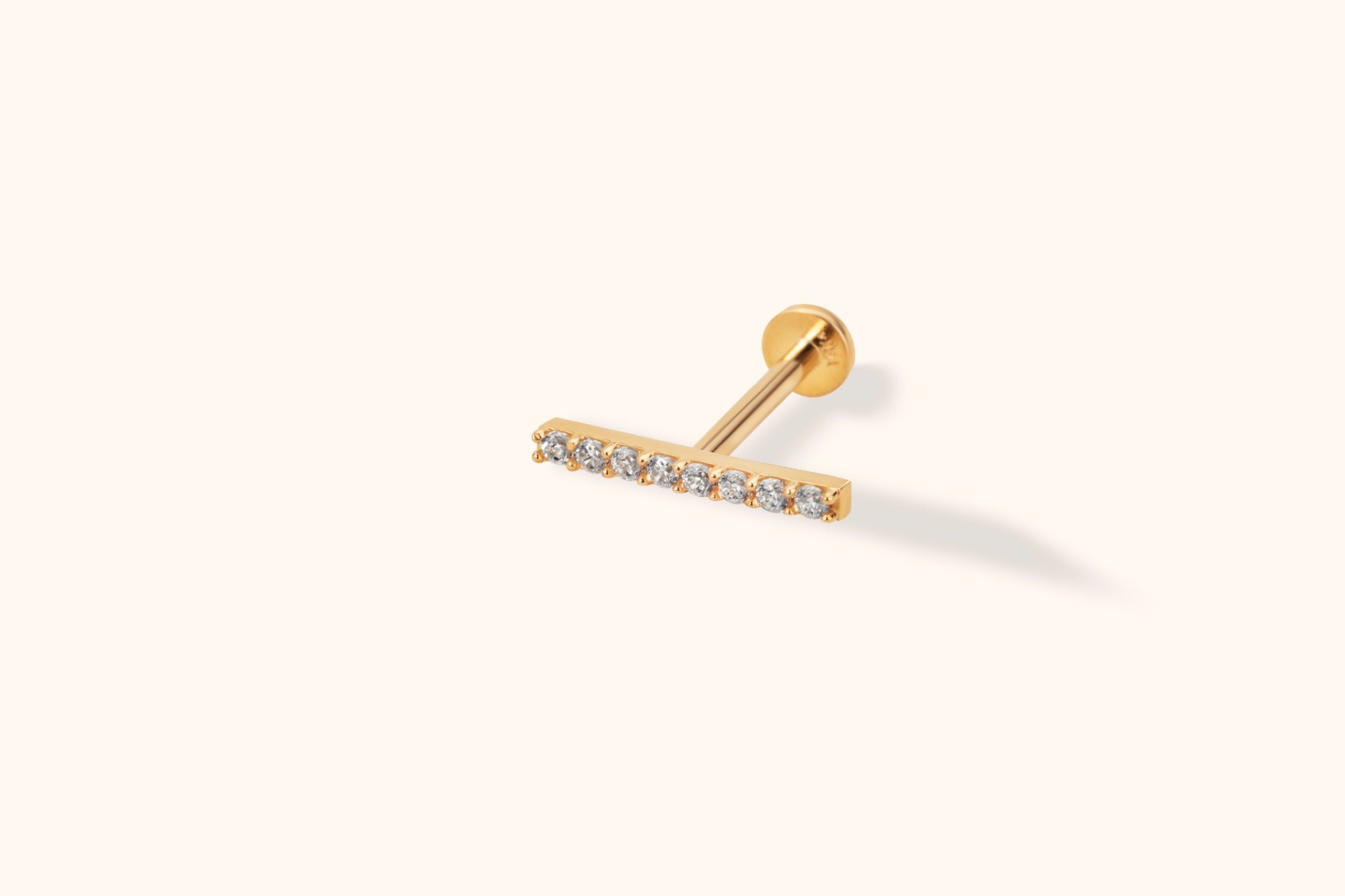 14K gold pavé bar stud piercing with flat back for tragus or helix