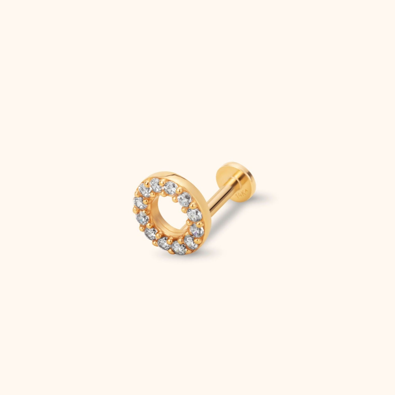 14K gold flat back tragus stud with pavé-set open circle design