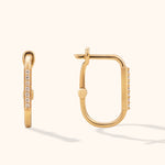 14K gold pavé rectangular hoop earrings – small huggie earrings with front pavé stones, diamond accent design, click closure, minimal gold hoops