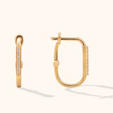 14K gold pavé rectangular hoop earrings – small huggie earrings with front pavé stones, diamond accent design, click closure, minimal gold hoops