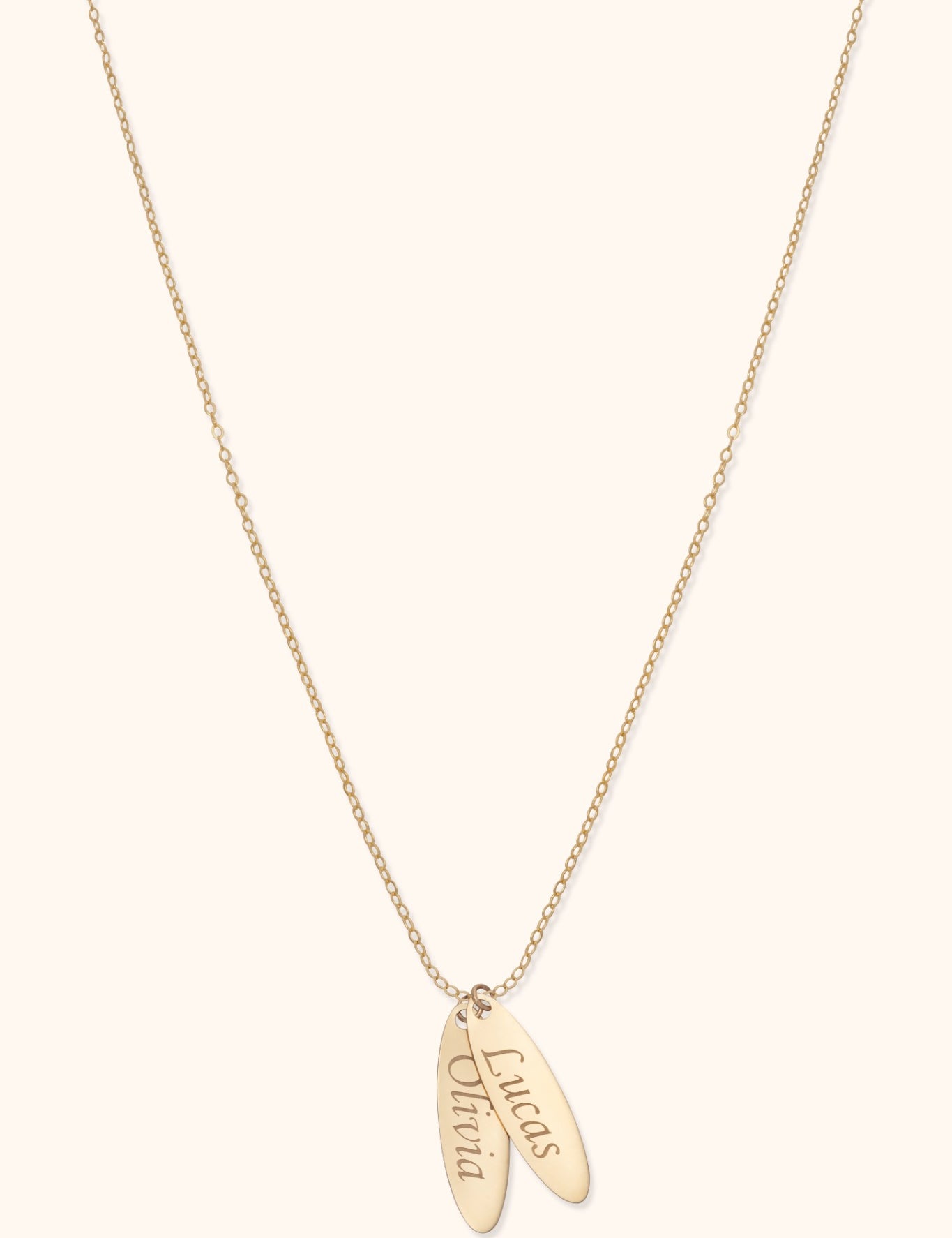 14K gold necklace with two custom engraved name pendants on fine chain