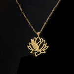 14K gold lotus flower necklace with personalized engraved name pendant on a delicate gold chain