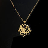 14K gold lotus flower necklace with personalized engraved name pendant on a delicate gold chain