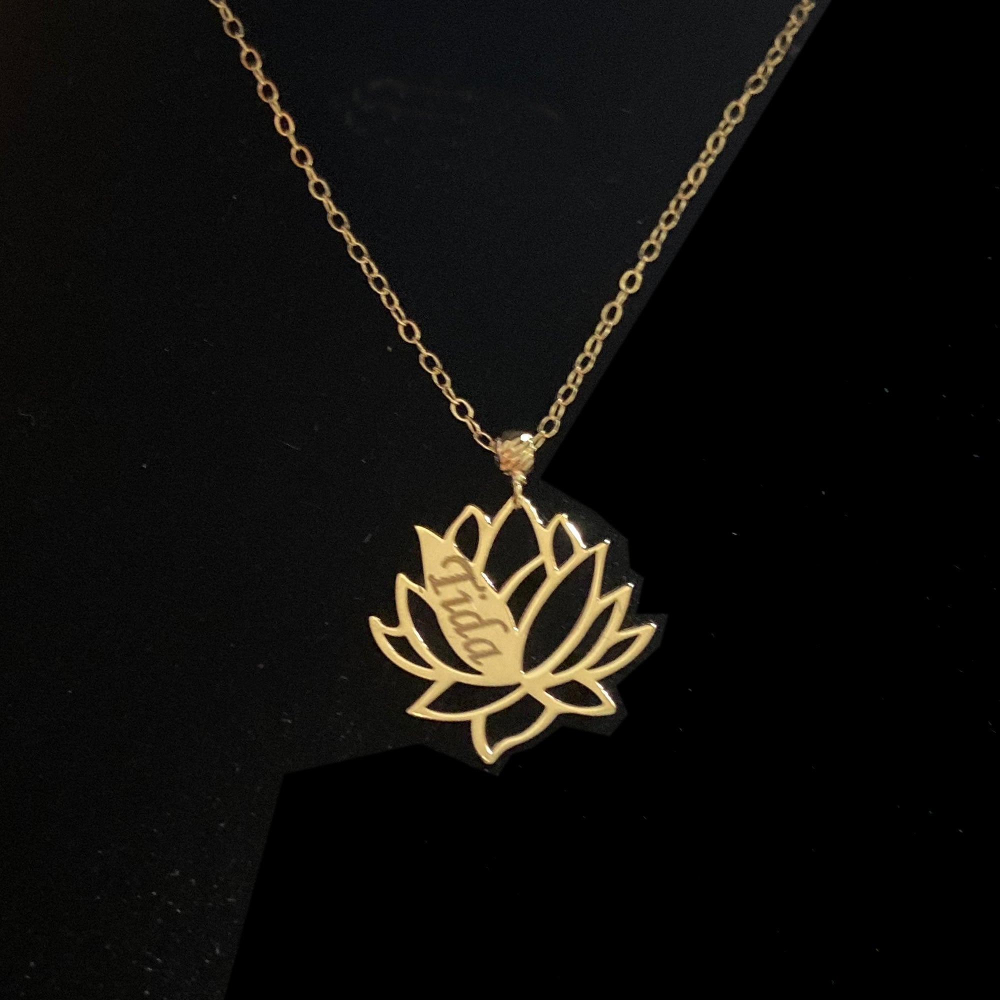 14K gold lotus flower necklace with personalized engraved name pendant on a delicate gold chain
