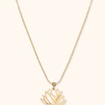 14K gold lotus flower necklace with custom engraving, floral personalized pendant