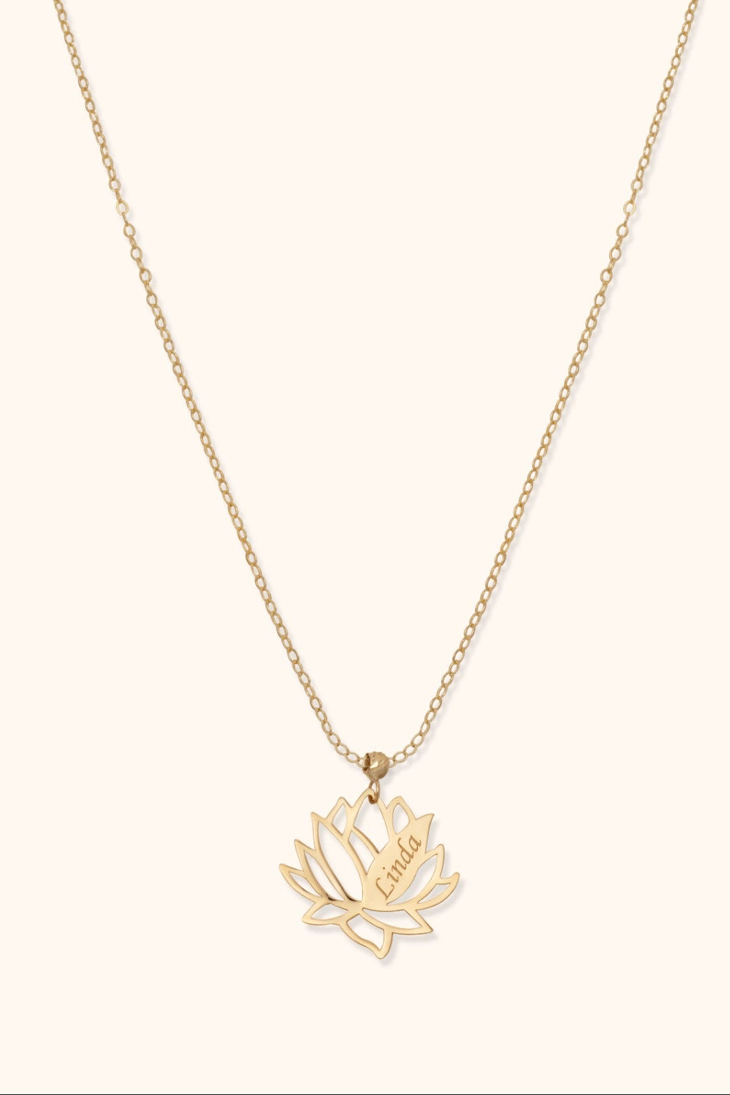 14K gold lotus flower necklace with custom engraving, floral personalized pendant