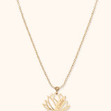 14K gold lotus flower necklace with custom engraving, floral personalized pendant