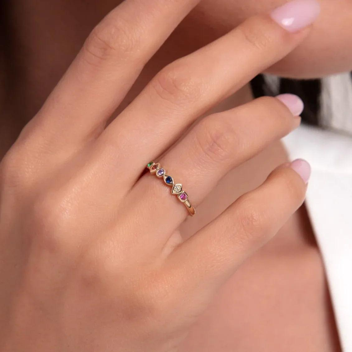 14K Yellow Gold Multicolor Geometric Station Ring | Stackable Rainbow Band - 5