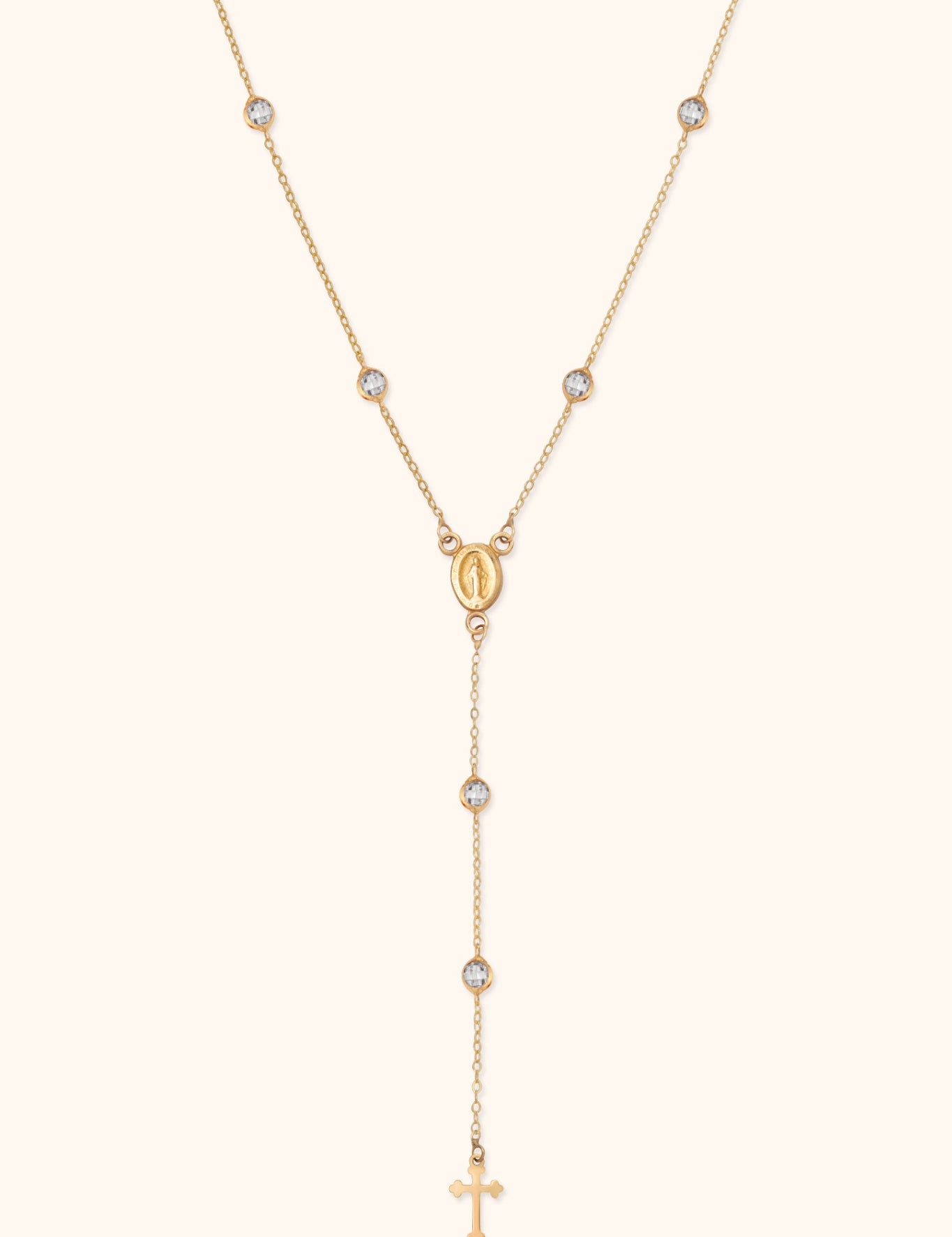 14K gold rosary necklace with Virgin Mary medallion, white stones, and cross charm
