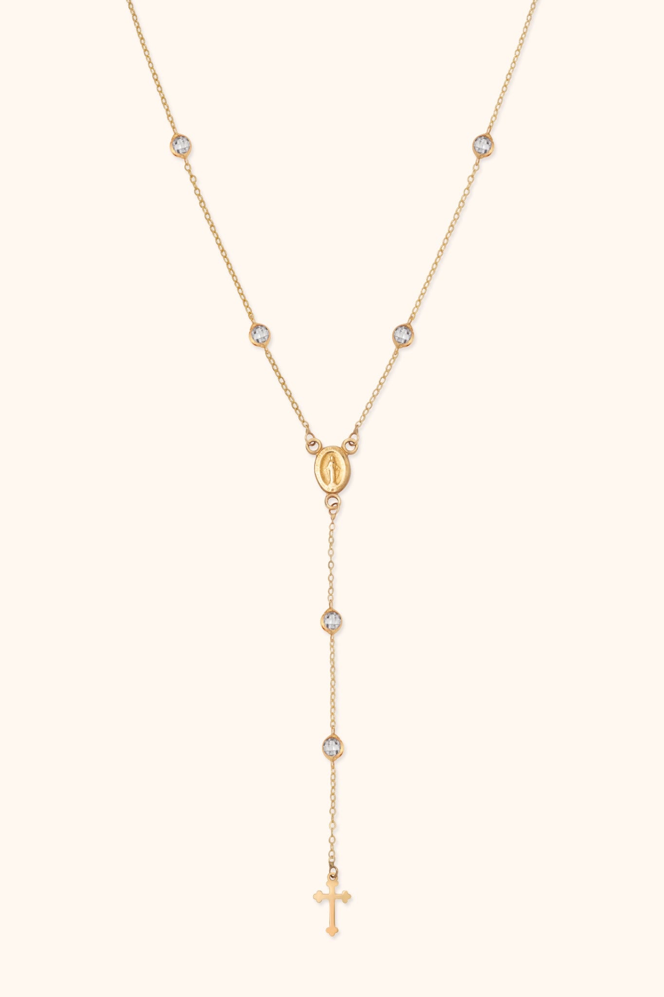 14K gold rosary necklace with Virgin Mary medallion, white stones, and cross charm