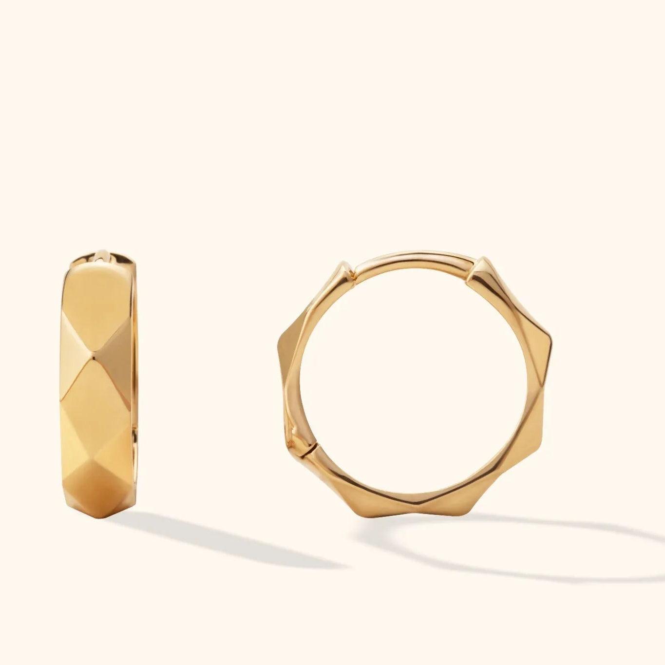 14K gold hoop earrings with hexagon pattern and round huggie shape – minimalist textured gold hoops