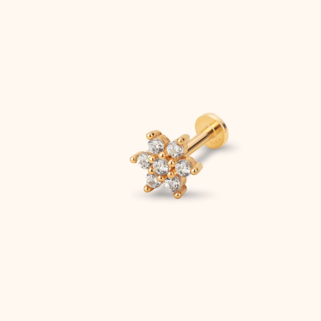 14K gold flat back snowflake tragus stud with sparkling zircon stones