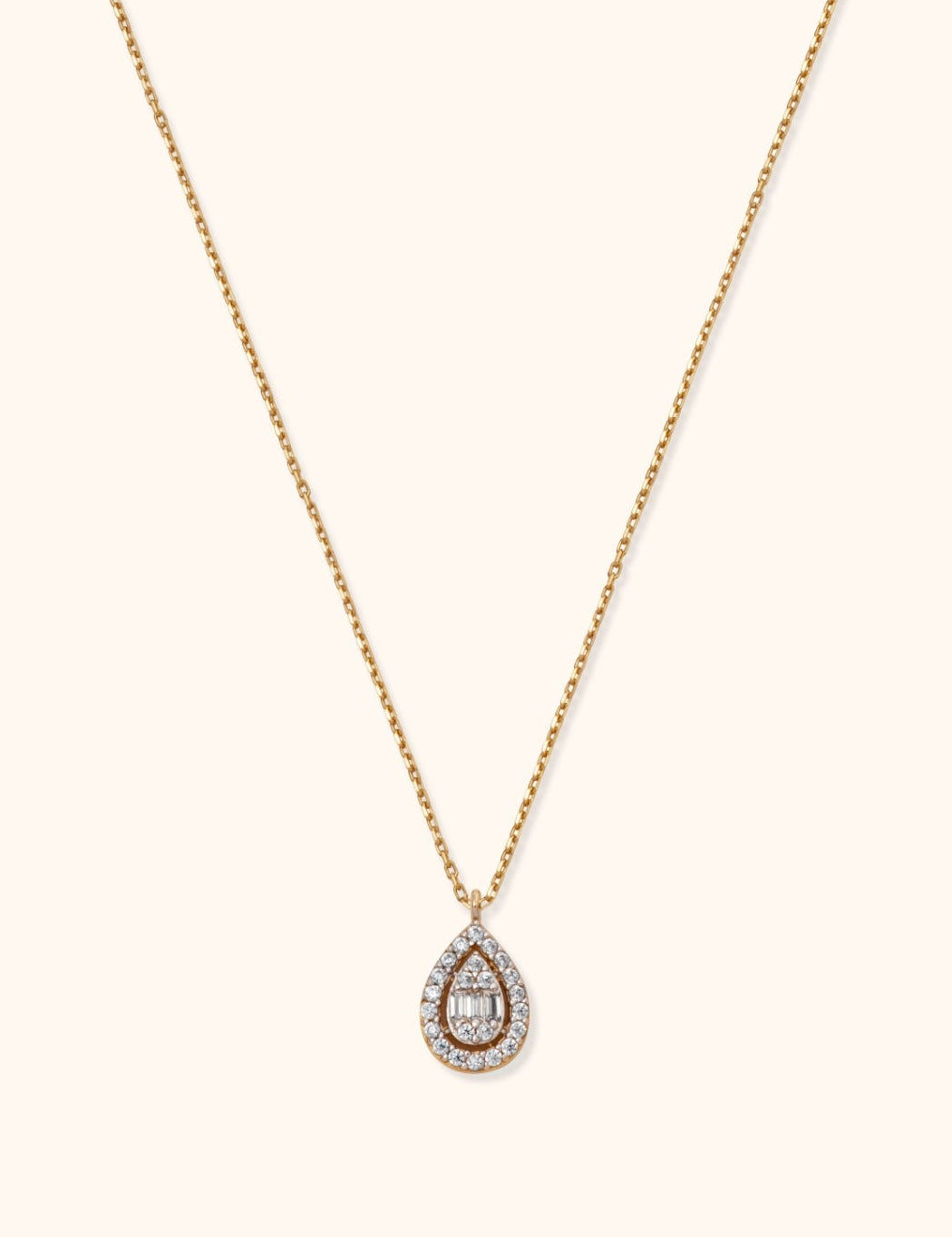 14K gold teardrop pendant necklace with halo diamonds and baguette center