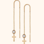 Minimalist 14k gold threader earrings with clear crystal and cross charm


