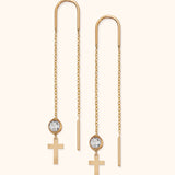 Minimalist 14k gold threader earrings with clear crystal and cross charm


