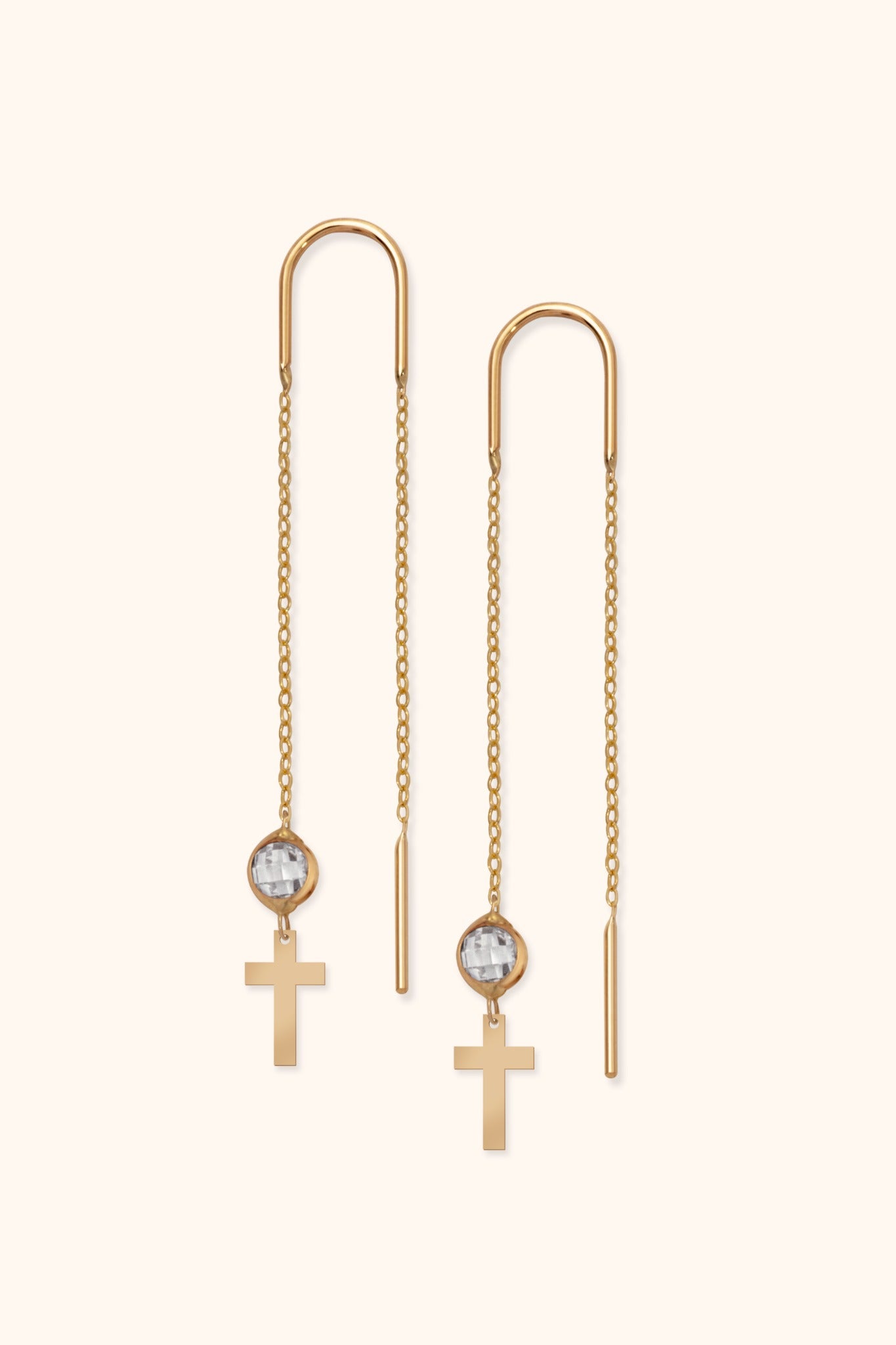 Minimalist 14k gold threader earrings with clear crystal and cross charm

