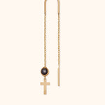 Single 14K gold threader earring with black gemstone and cross charm