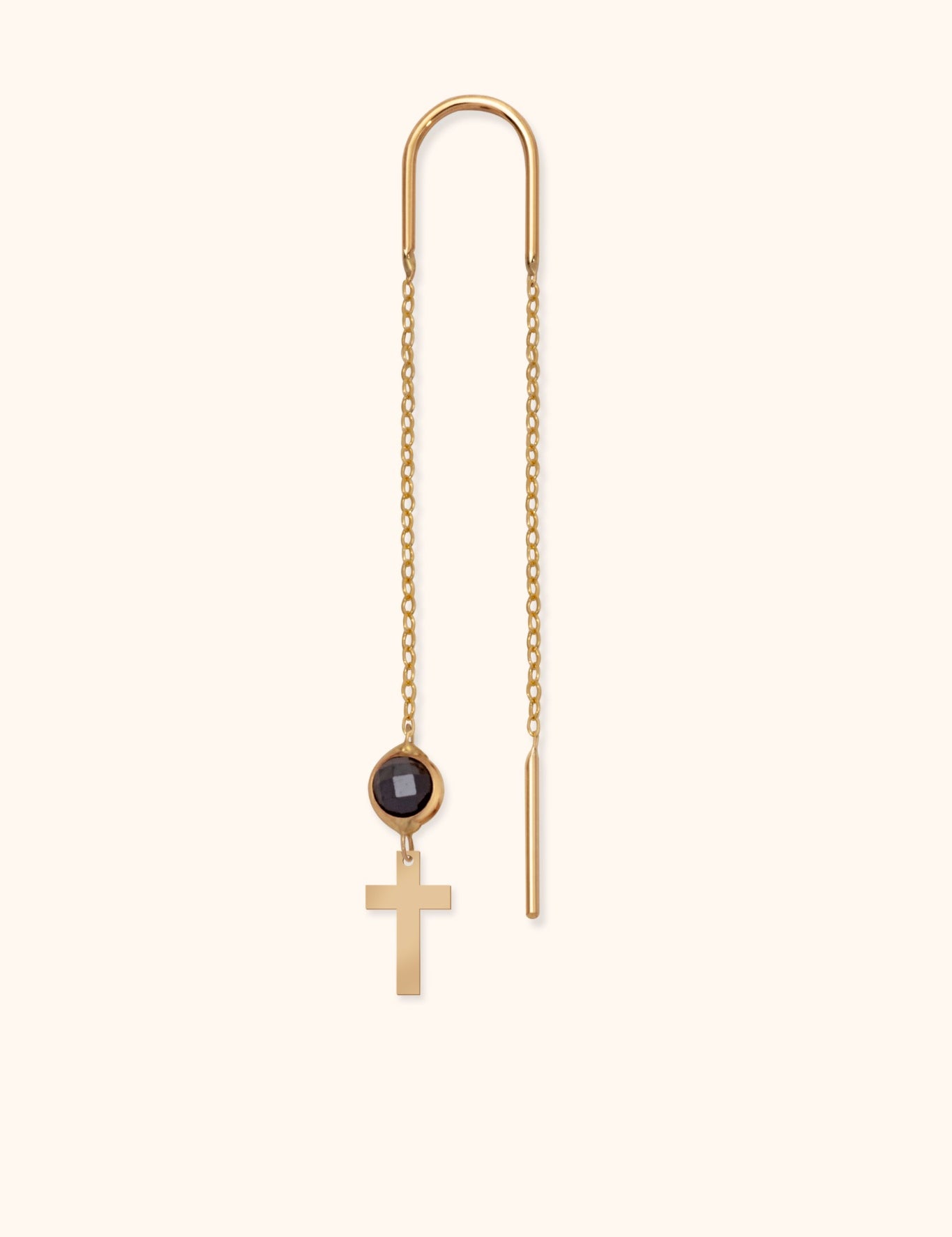 Single 14K gold threader earring with black gemstone and cross charm