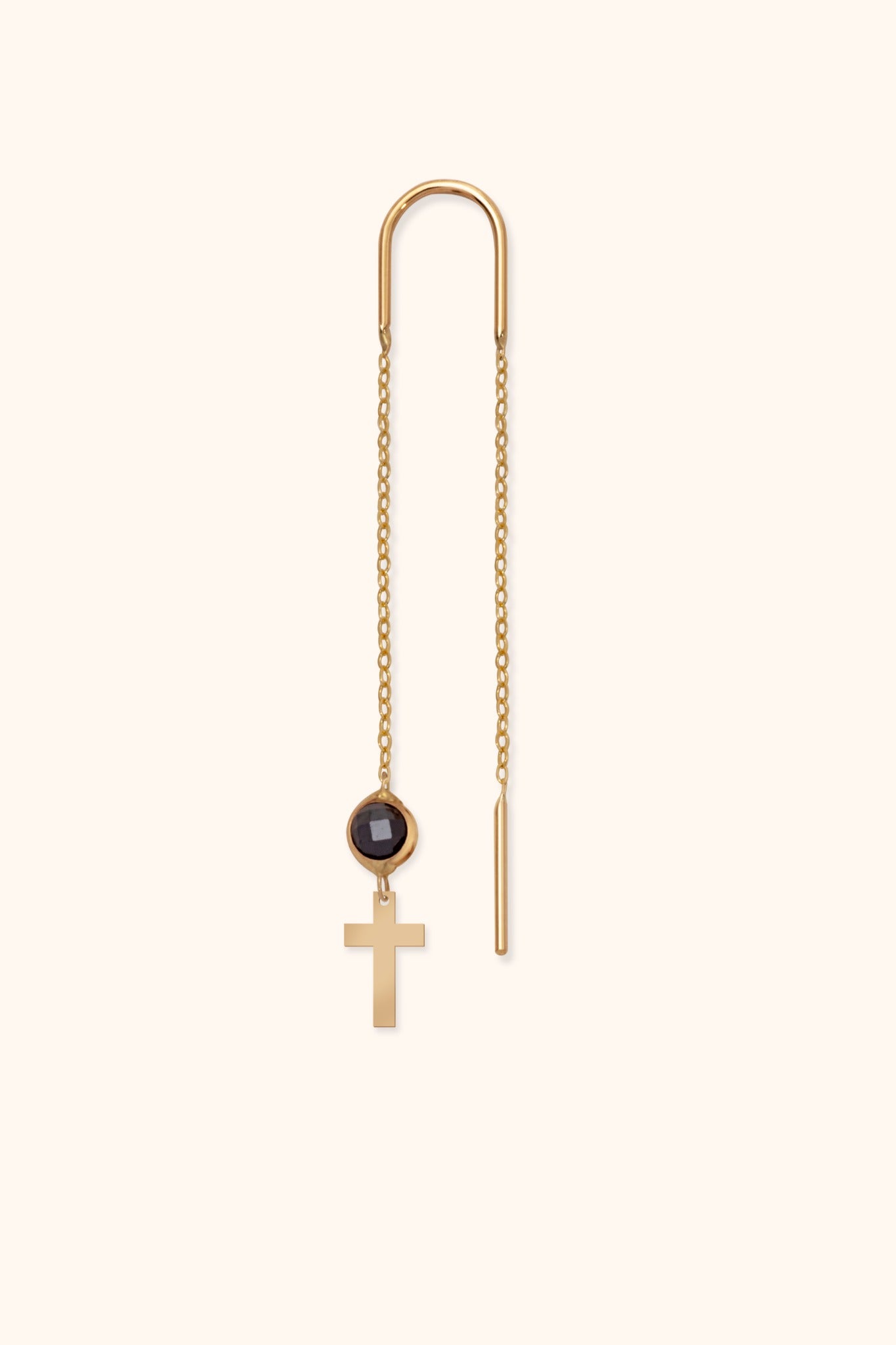 Single 14K gold threader earring with black gemstone and cross charm