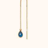 Minimalist 14K gold threader earring with blue teardrop crystal